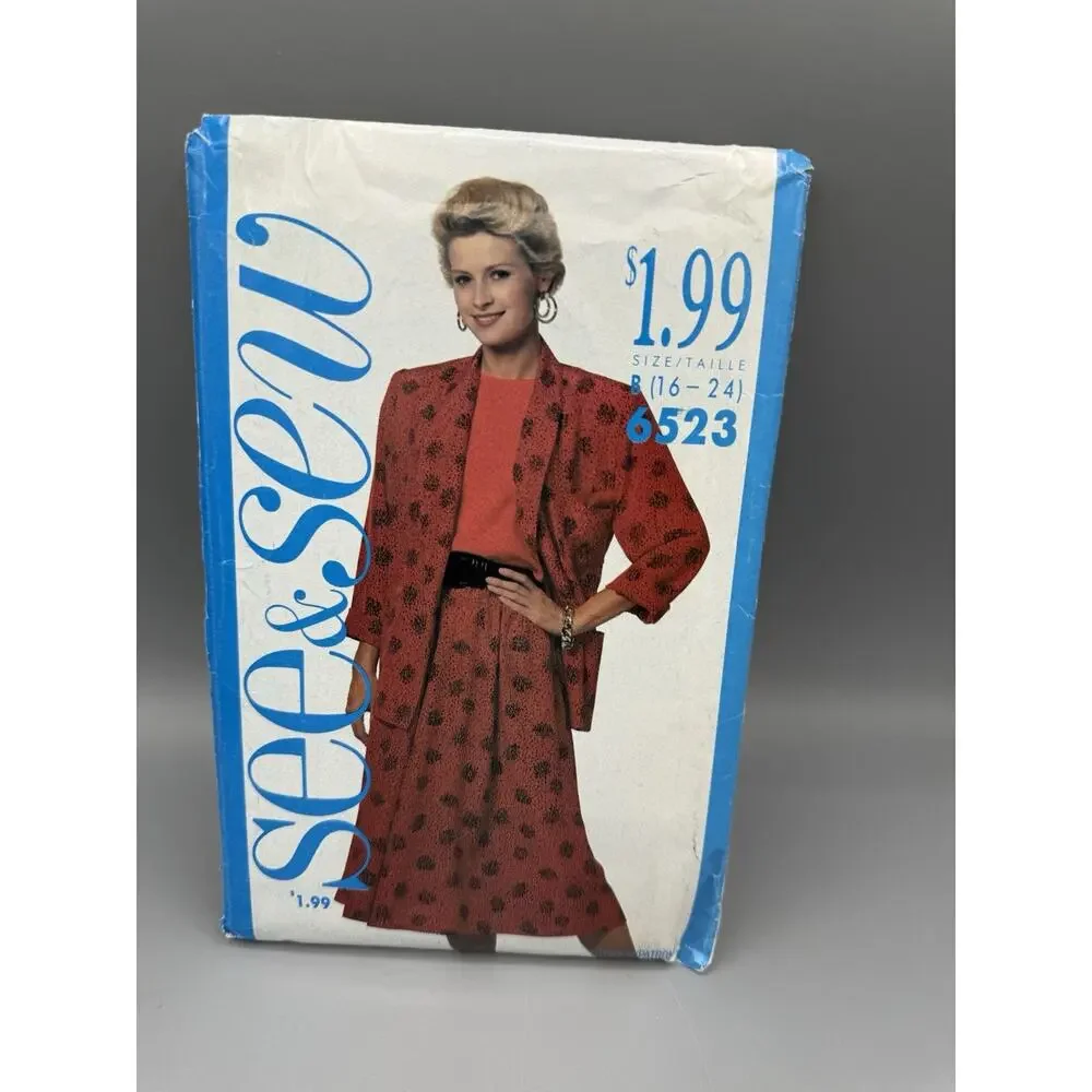 Vintage McCall’s 6523 See & Sew Jacket Top Skirt Pattern Size B 16–24 Uncut